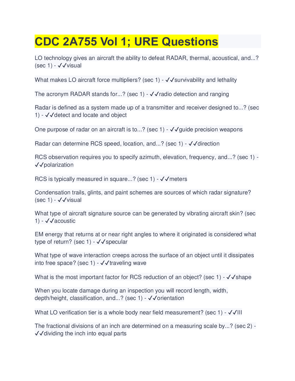 CDC 2A755 Vol 1; URE (Questions with 100 verified answers) Browsegrades